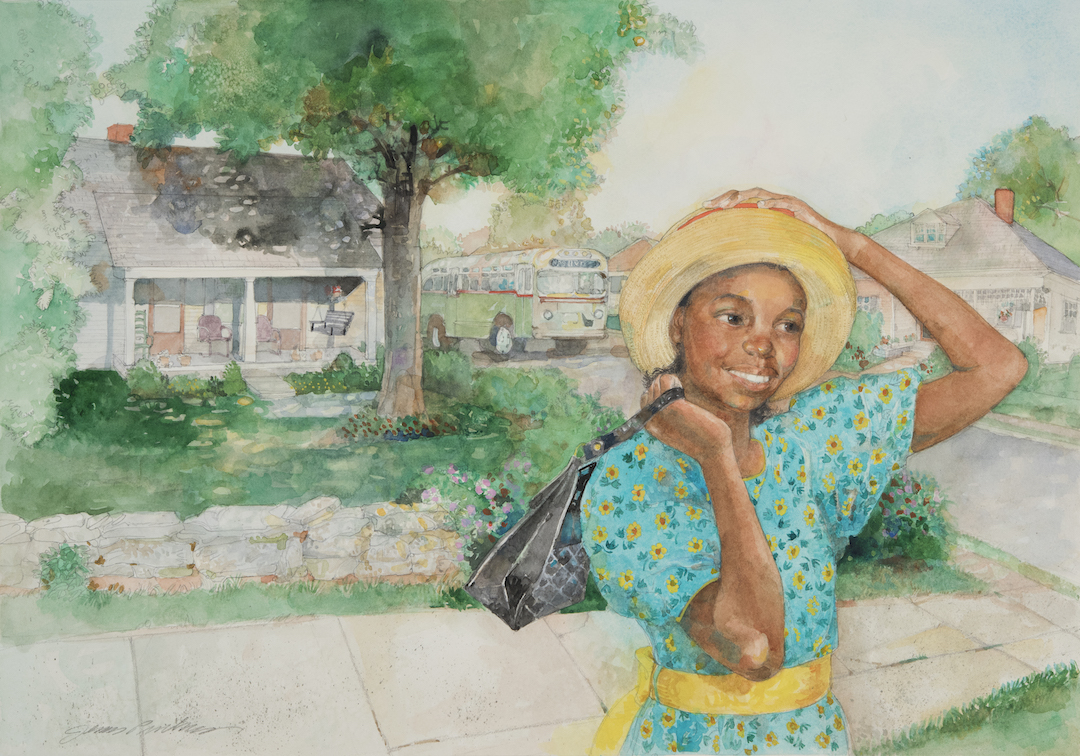 A photo of an illustration from the book Goin Someplace Special that includes a young woman with a hat and a bag over her shoulder walking down the street with a nice hour s behind her.