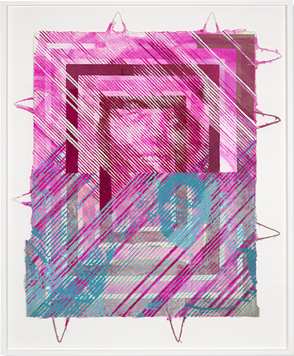 Tomashi Jackson (b. 1980). A Deeper Love (Pauli in Florescent Magenta / Ruth in Turquoise), 2021. Acrylic on pentelic marble dust and paper bags laminated into archival cotton paper.