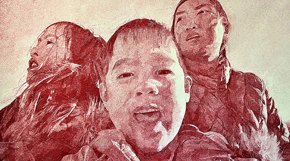 Caren King Choi (b. 1984). Mt Rushmore (Nieces & Nephew), 2020. China marker, graphite, stickers on paper.