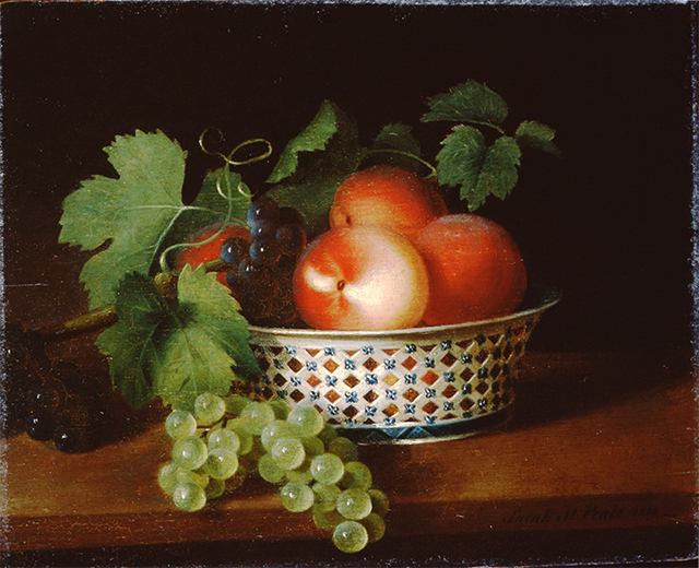 Sarah Miriam Peale (1800–1885). Peaches and Grapes in a Porcelain Bowl, 1829. Oil on wood.